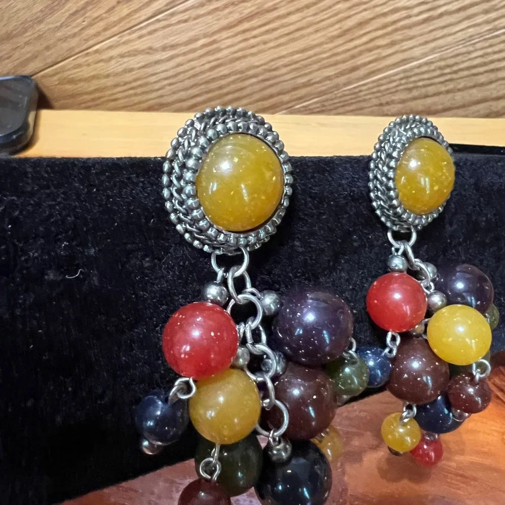 Vintage‎ Multi Color Beaded Cluster Drop Earrings Silver Tone Boho Statement
